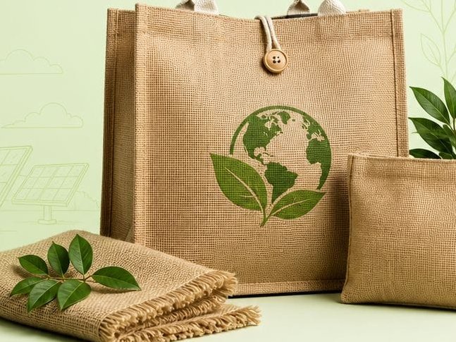 Jute tote bag with printed globe and leaf motif