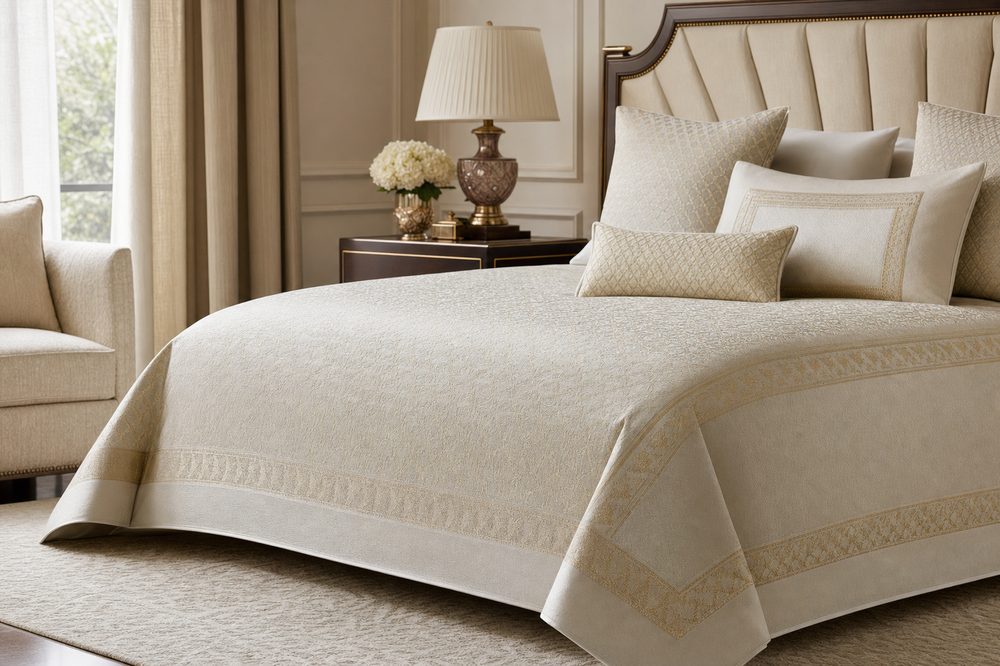 Luxury jacquard bedspread with gold border detail