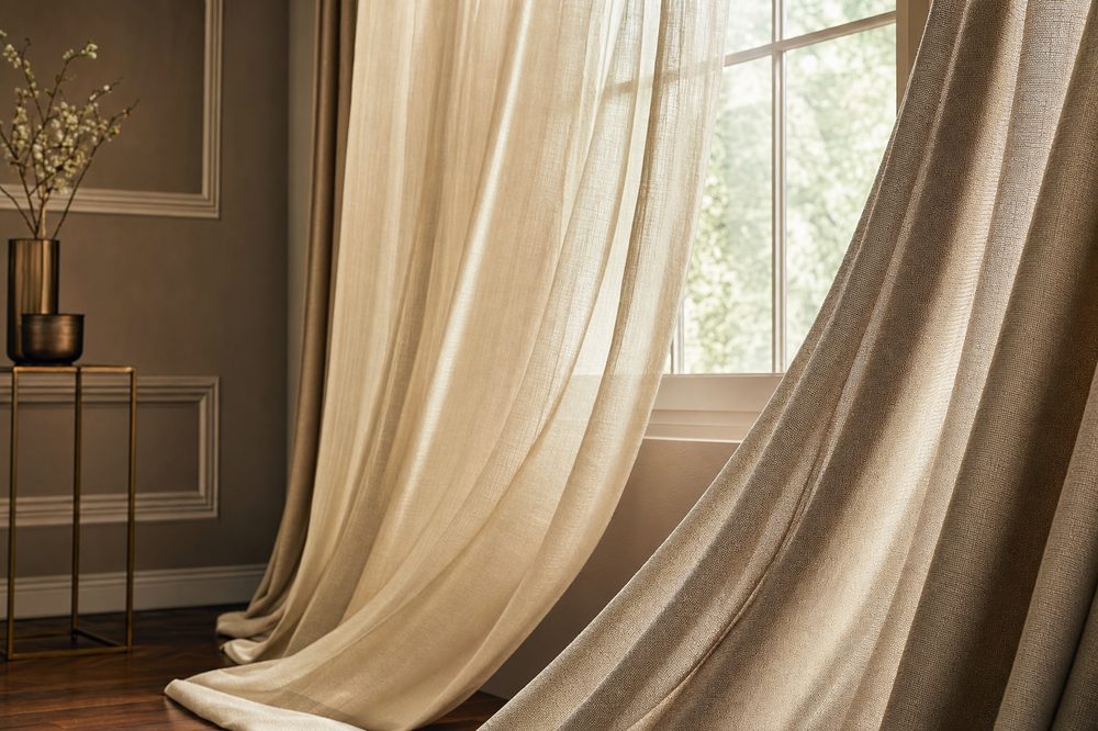 Sheer and heavier curtain fabrics draped by a window