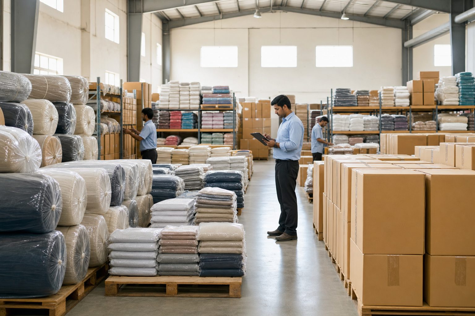 Textile goods packed and organised for international shipping