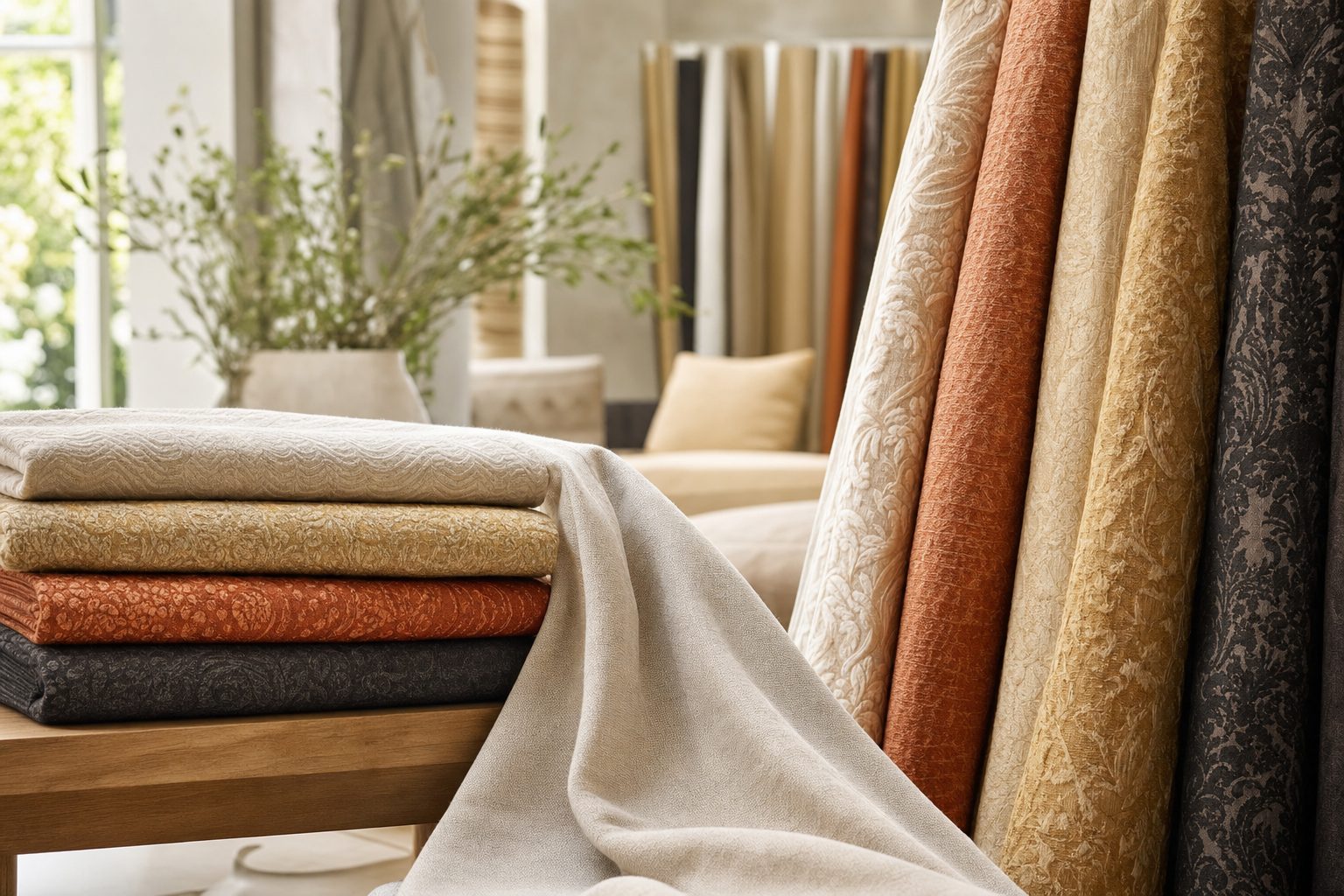 Premium woven bedspreads and curtain fabrics in warm ivory, gold and terracotta tones